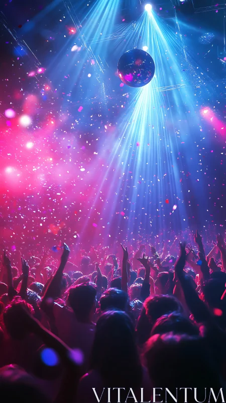Crowded nightclub dancefloor under neon beams and confetti.
