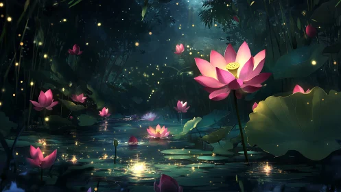 Enchanted lotus pond under glowing firefly night sky.
