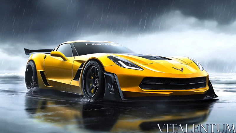 Yellow Corvette race car rendered on wet reflective track