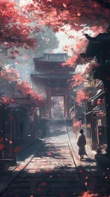 Gentle stroll beneath crimson temple blossoms at sunrise.
