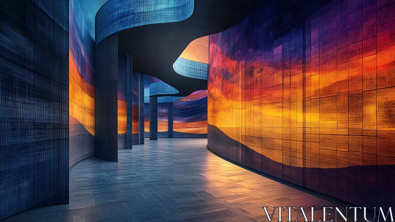 Illuminated Corridor with Gradient Color Projection and Cylindrical Architecture