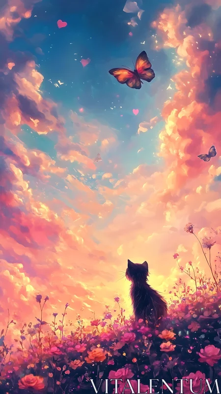 Cat on flower hill under sunset clouds and butterflies.