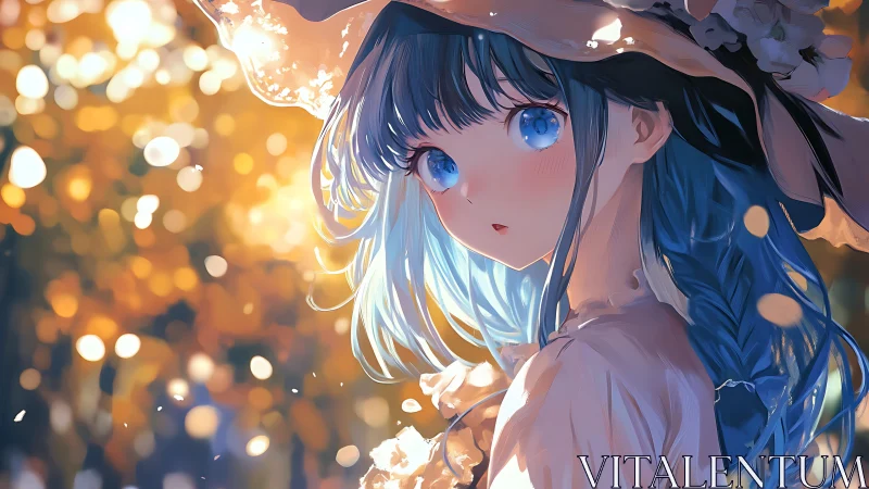 Blue haired anime girl in bokeh lit autumn garden portrait