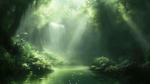 Luminous Waterfall in Emerald Forest Sanctuary