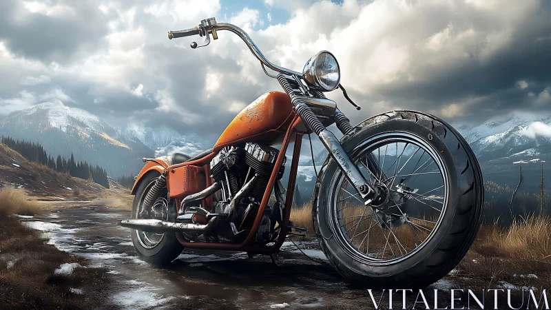 Custom orange chopper stands ready for adventure in cold mountains