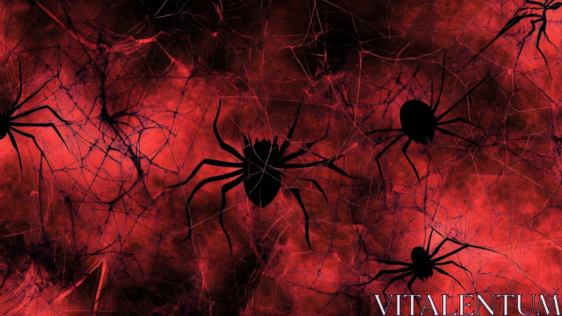 Spider silhouettes against red abstract web network background.