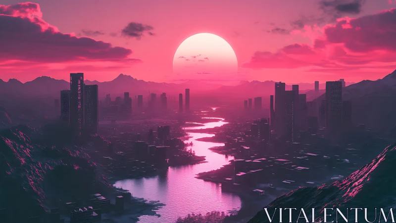 Neon river city under colossal magenta sunset glow.