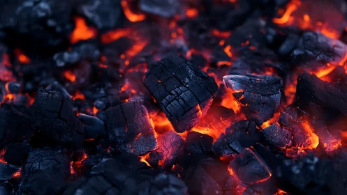 Incandescent coal bed with glowing embered fragments.