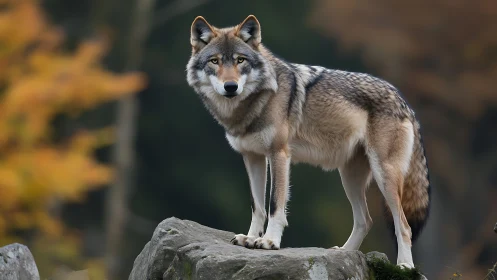 Wild grey wolf stands alert on rocks in soft autumn forest
