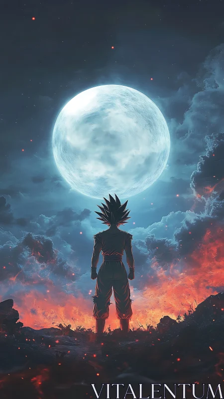 Lone warrior gazes at glowing moon above a fiery horizon