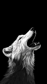 Monochrome vector profile depicts wolf head in vocal pose