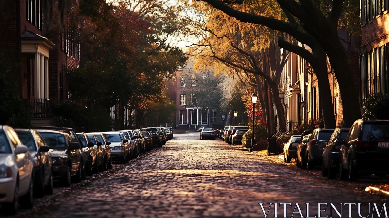 Cobbled residential street rendered in warm late-afternoon light
