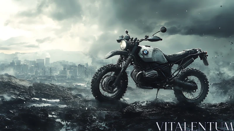 BMW adventure motorcycle on muddy ridge near stormy city