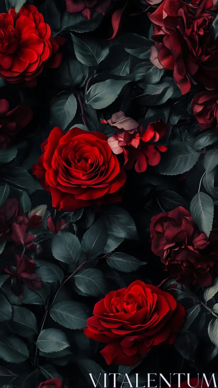 Architectural Rose Composition: Layered Crimson Petals Against Deep Tonal Foliage.