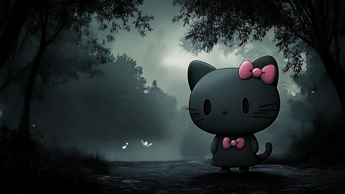 Black cartoon cat stands in misty forest under moonlight