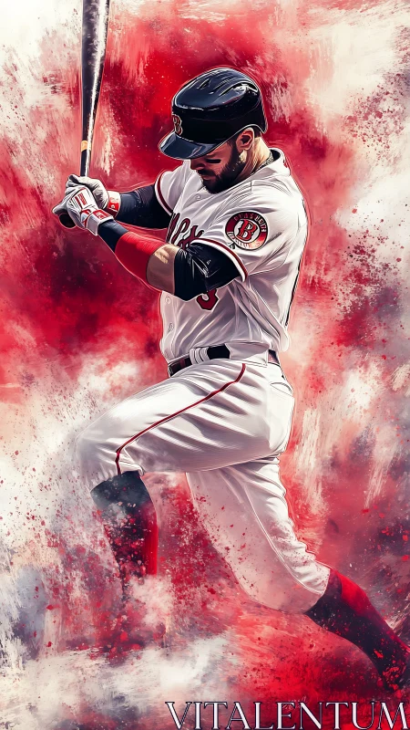 Crimson swing erupts around focused baseball slugger in motion.