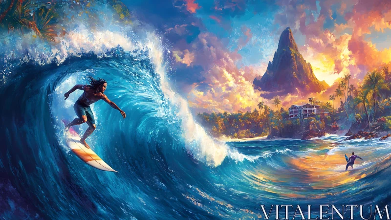 Surfer rides large blue wave near tropical coastline at sunset