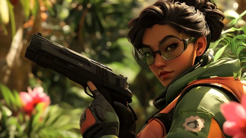 Armed jungle scout locks target amid lush neon foliage.