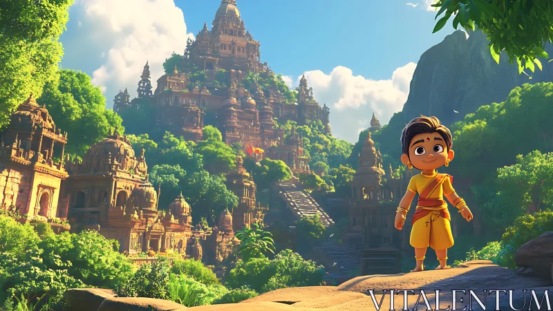 Stylized child stands before dense forest temple complex