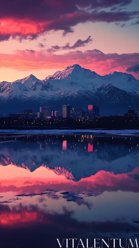Snow mountains and city skyline reflect in pink sunset lake