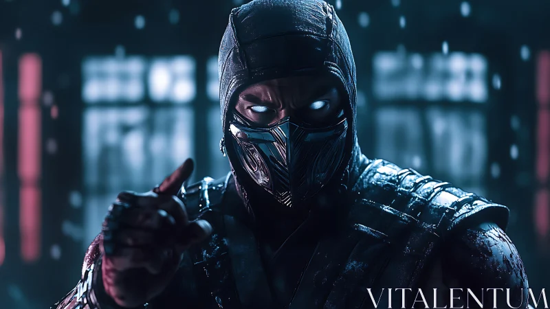 Mysterious masked warrior framed in moody falling snow.