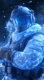 Futuristic tactical soldier in glowing blue energy armor.