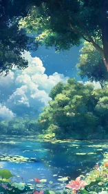 Lush forest pond reflects bright sky and dense summer foliage