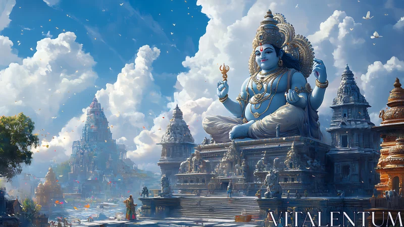 Colossal blue deity statue dominating ornate temple complex