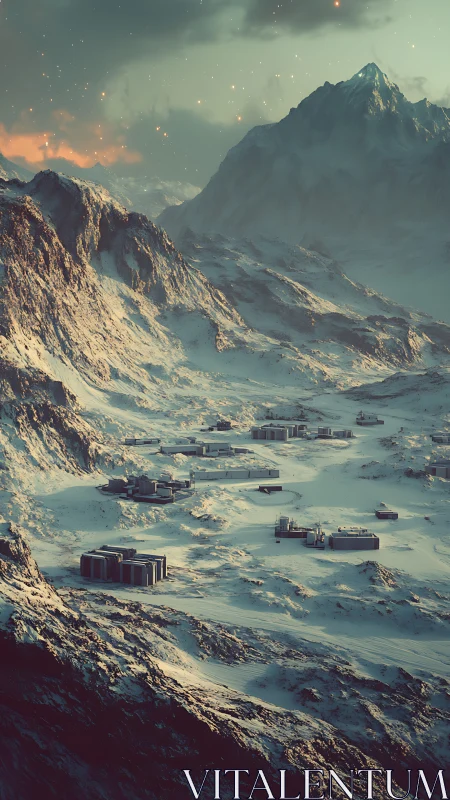Remote futuristic base scattered across icy mountain valley.
