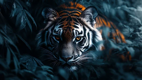 Tiger face is centered in dense foliage with controlled lighting