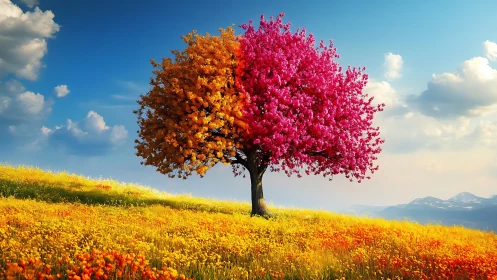 Warm hillside tree where autumn and spring gently meet.