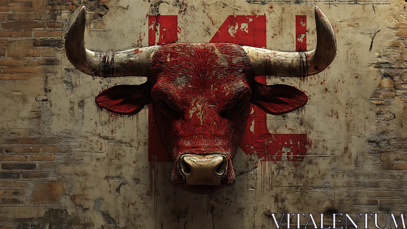 Red bull head sculpture mounted against distressed wall