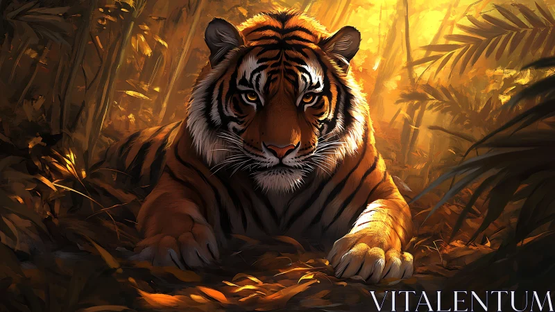 Digital painting of stalking tiger in backlit jungle chiaroscuro.