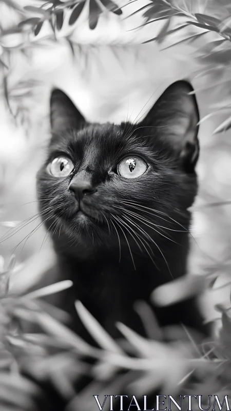 Beautiful Black Cat Gazes Upward with Wonder