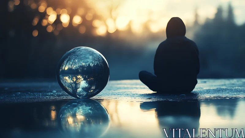 Hooded figure by reflective orb on misty lakeside at dawn.