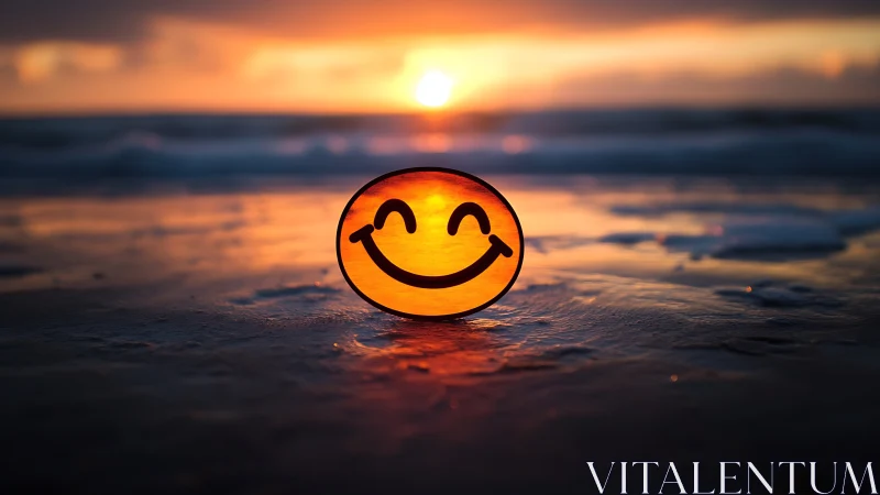 Smiley face icon glowing on wet beach at vivid sunset.