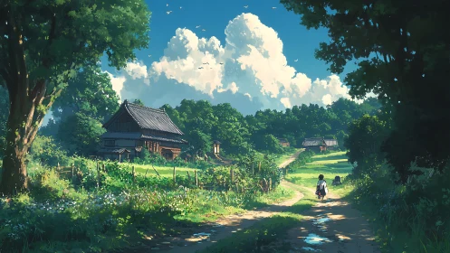 Summer path to quiet farmsteads under storybook clouds.