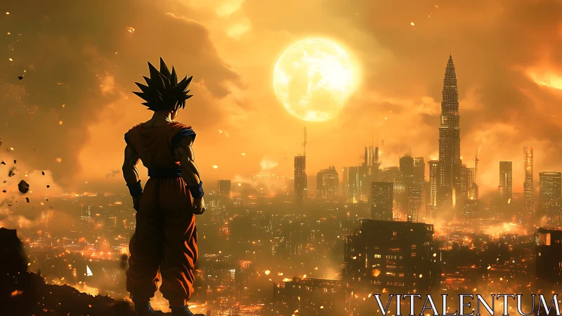 Silhouetted anime warrior overlooking lit orange cityscape.
