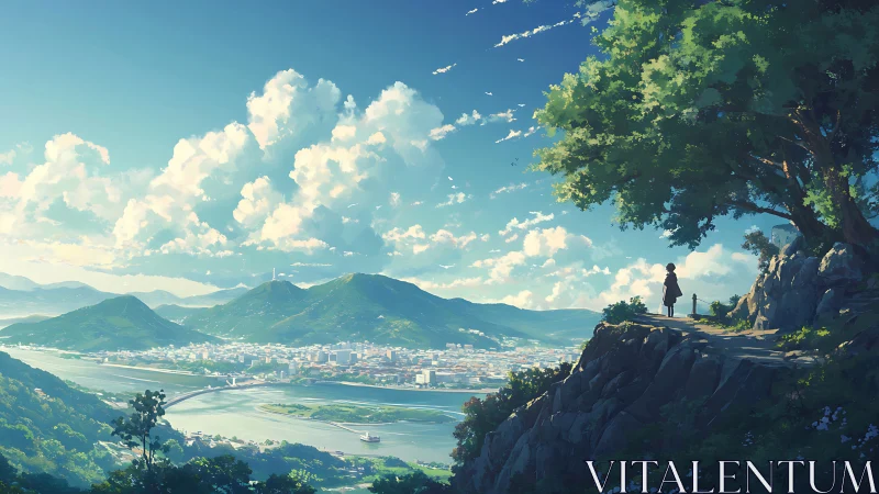 Anime landscape vista with river valley and elevated overlook.