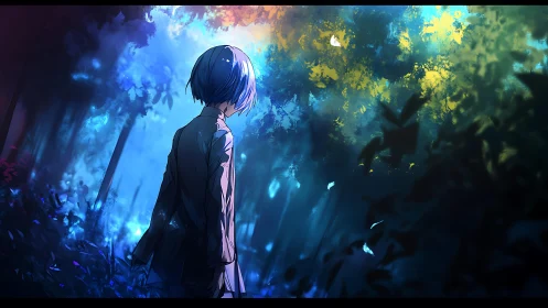 Solitary blue-haired figure in luminous twilight forest.