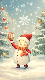 Joyful snowman lifts a Christmas gift in a snowy forest