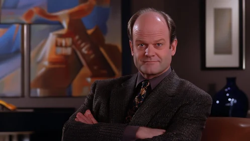 Middle-aged man seated in office-like interior portrait.