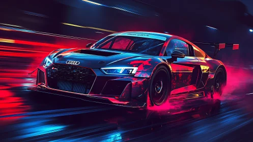 Audi race car slices through neon-lit night track at speed.