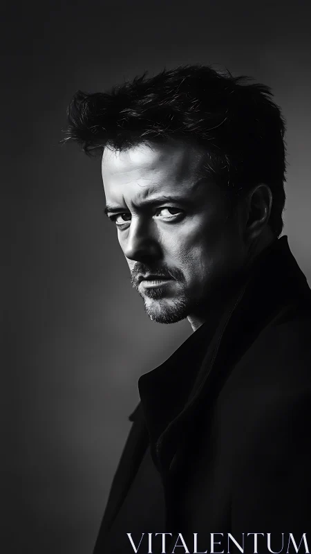 Moody black and white portrait of a thoughtful man in coat.