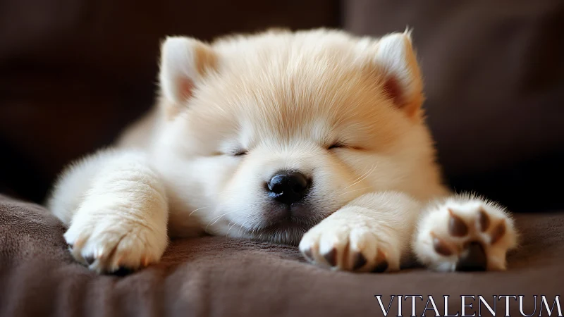 Photorealistic close-up of sleeping puppy on soft textiles.