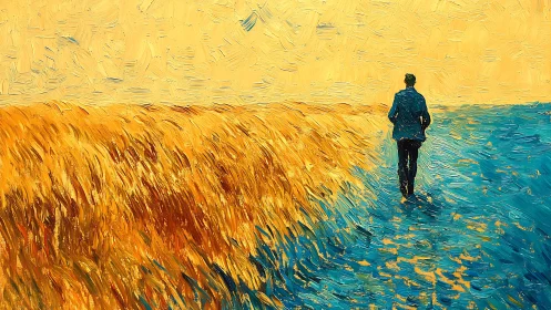 Solitary wanderer crossing from golden field to blue path.
