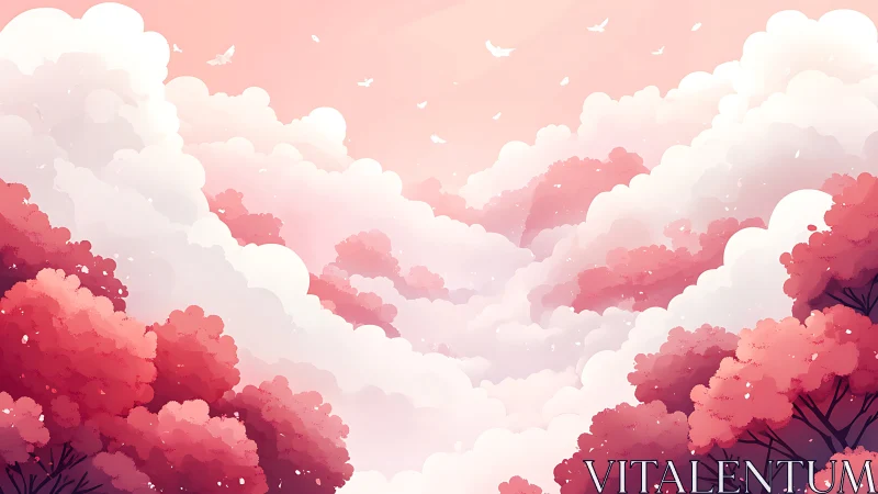 Pink cloud valley over stylized cherry forest at dawn.