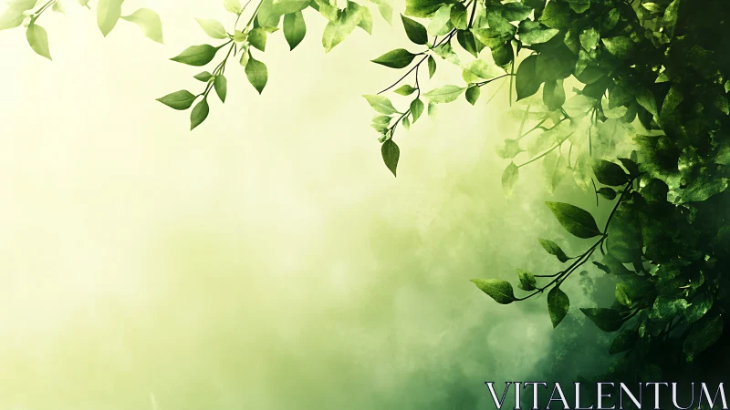 Green leafy branches over soft light background field.