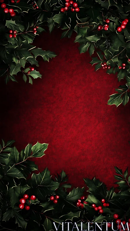 Digital painting holly border on red festive textured ground.