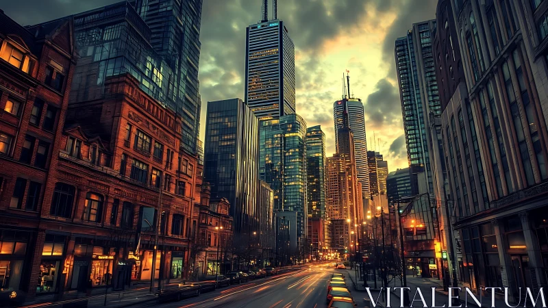 Golden hour traffic streams through a glowing city canyon.